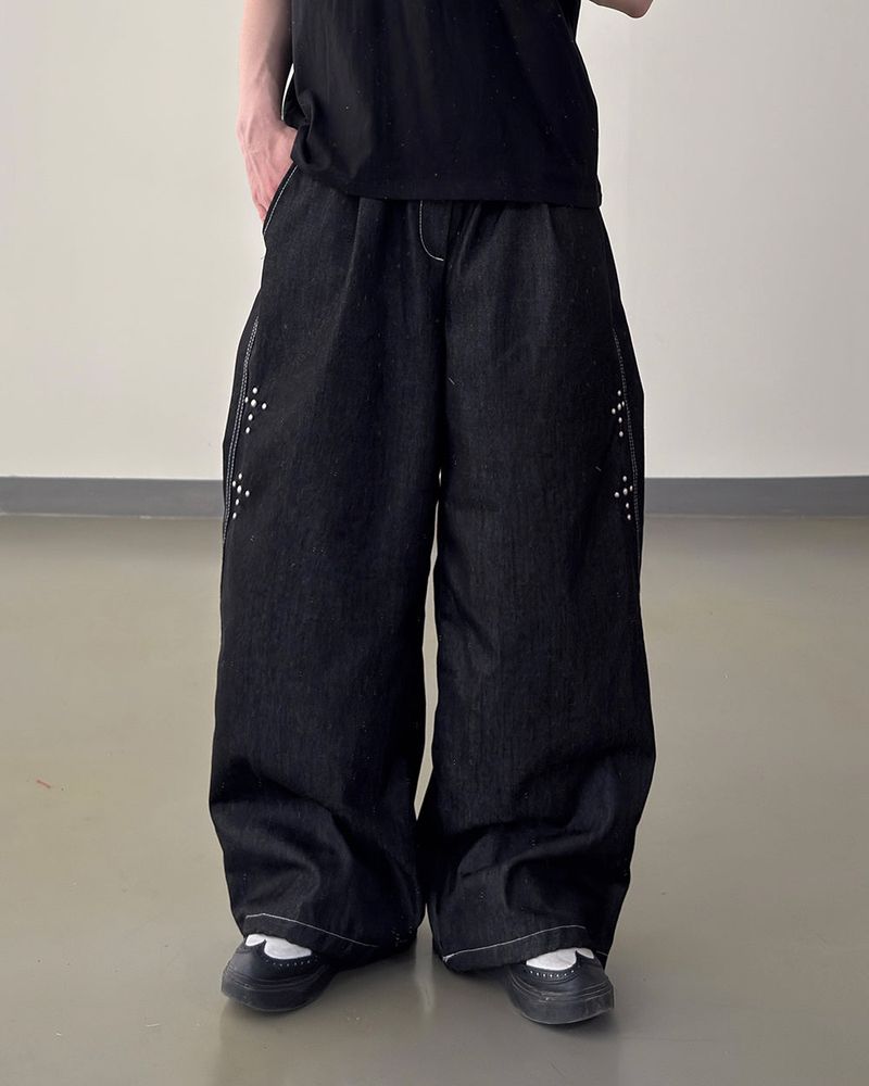 Bone Cross Stud Wide Denim Pants
