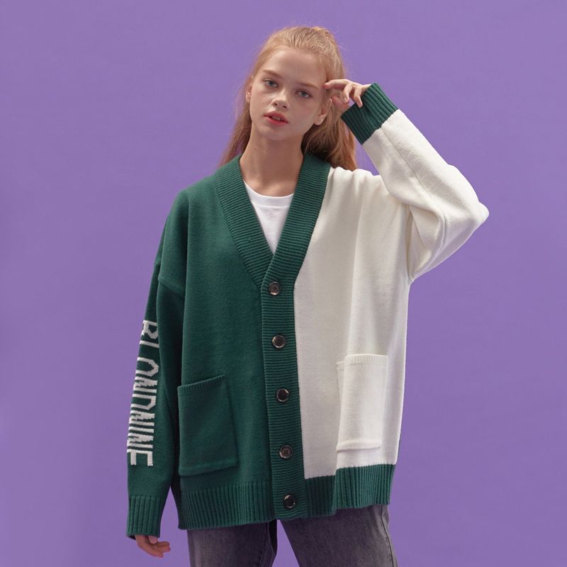 INTARSIA HALF HALF KNIT CARDIGAN_KHAKI