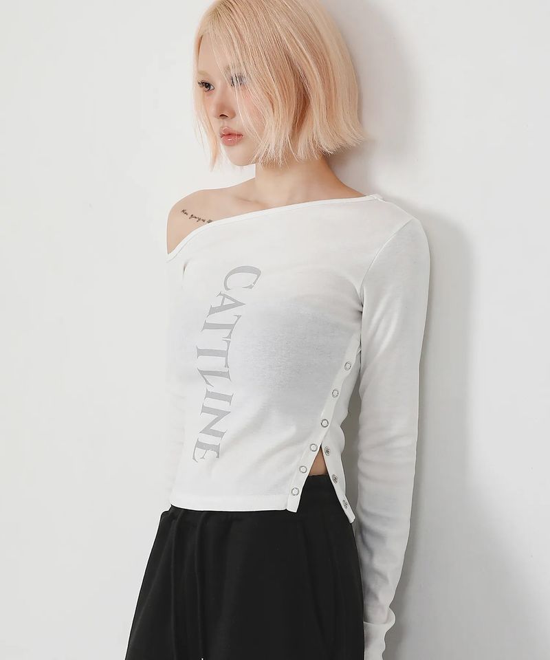 One Shoulder Logo Snap T-shirt_ivory