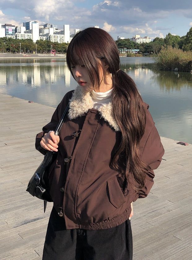 Ohe Wool Collar Duffle Quilting Padding Cotton Jacket