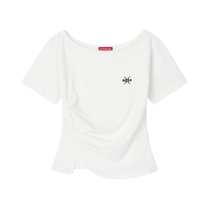 kitsch&kiss（キッチアンドキス）の「Shirred Slit Embroidered T-Shirt (26STP-SSTS04)（Tops）」