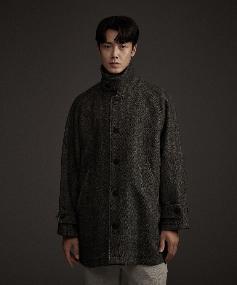 BALMACAAN HERRINGBONE WOOL CASHMERE HALF COAT BLACK
