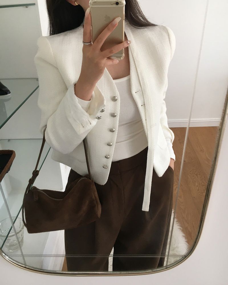 No-Collar Tweed Jacket with Tie Set