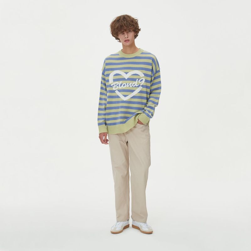 STRIPE HEART ROUND NECK KNIT_GREEN