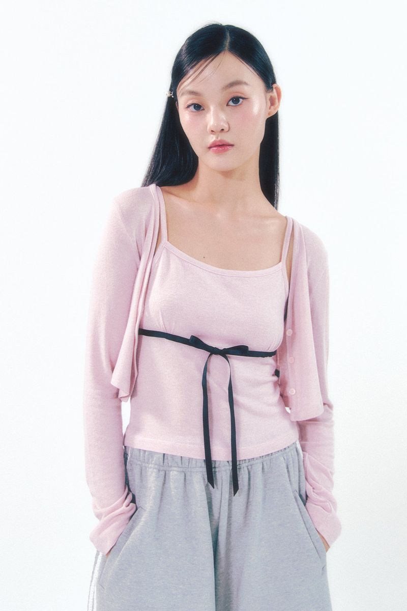 MOILLY（モイリー）の「Knit Ribbon Shirring Top Set Pink（Tops）」