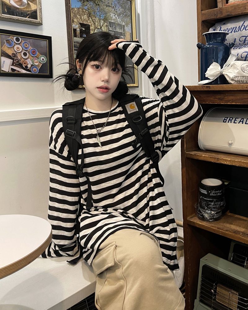 heenytsuki(ヒニツキ)の「Roy Stripe Loose Linen T-Shirt(Tops)」