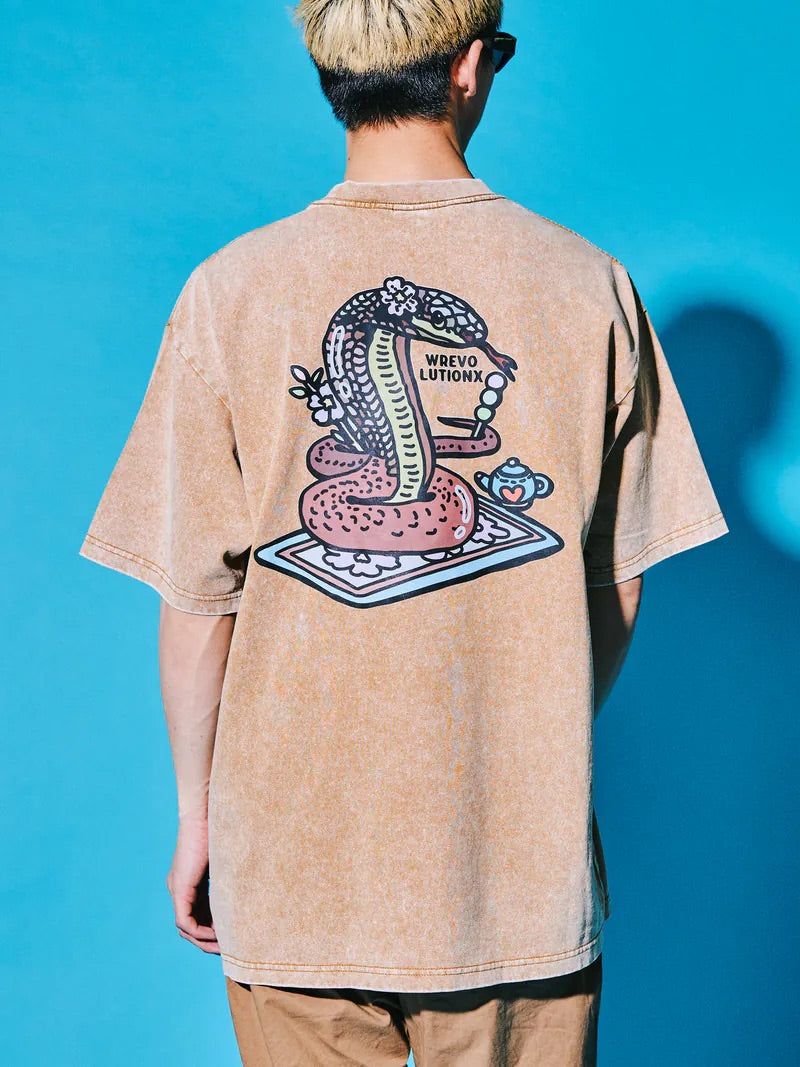 WREVOLUTIONX by WooLeeX（レボリューションエックス バイ ウーリーエックス）の「Sakura Animals Khaki Denim Washed T-Shirt (Serpent)（Tops）」