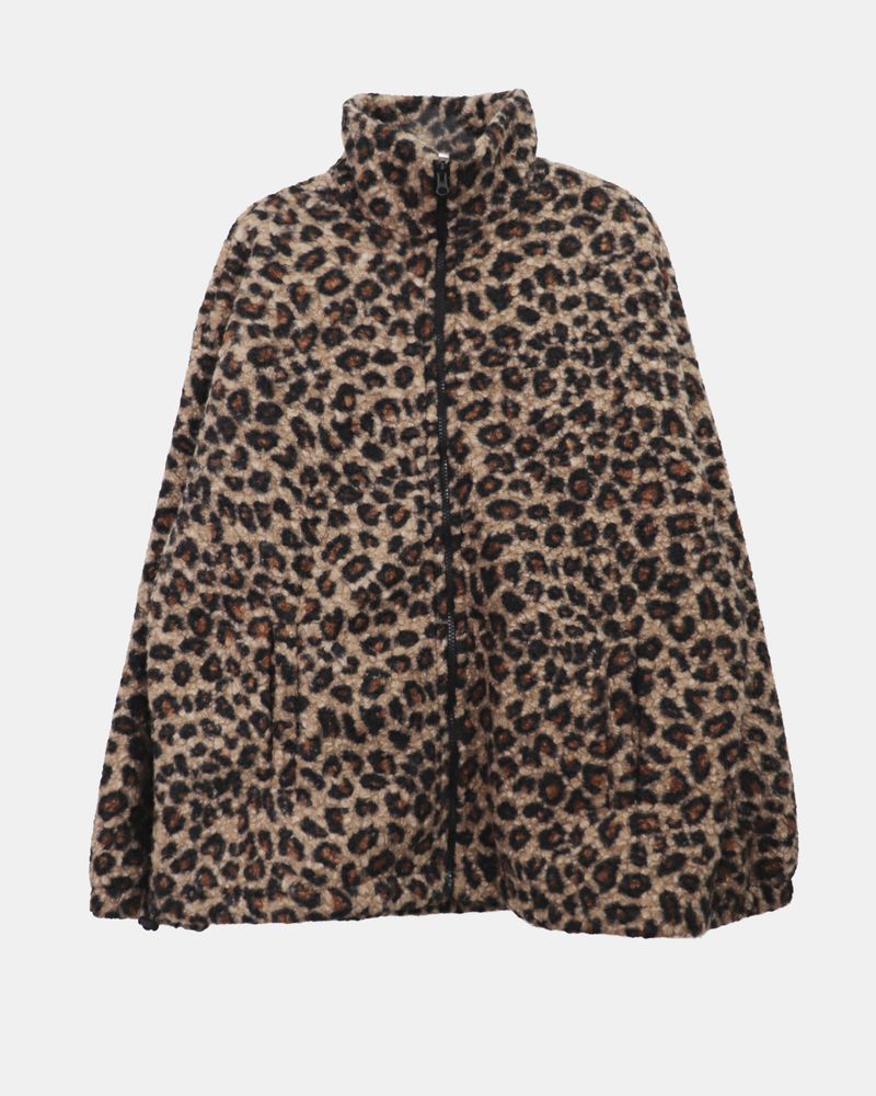 Boran Leopard Teddy Fur Loose Zip-Up Jumper