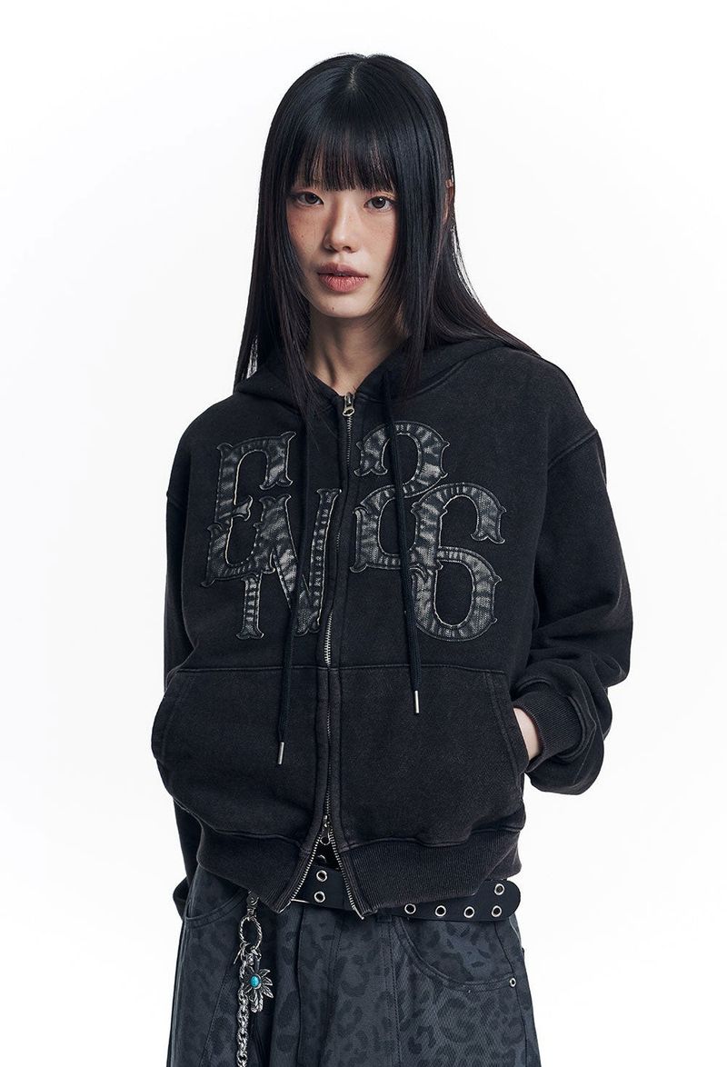 Washed Leather Patch Hooded Zip-Up - Black