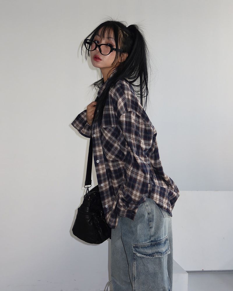 a navy checkered shirt
