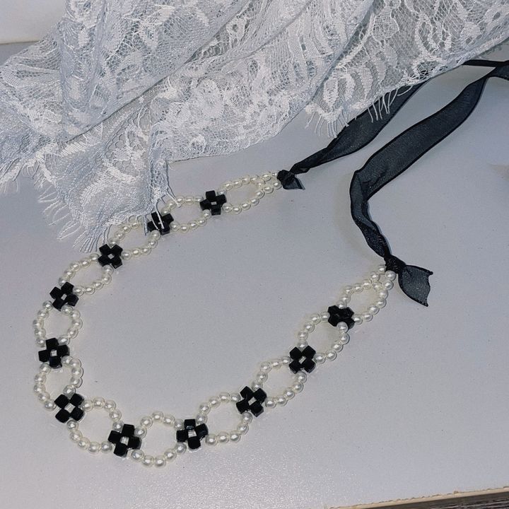 mix pearl ribbon tie choker