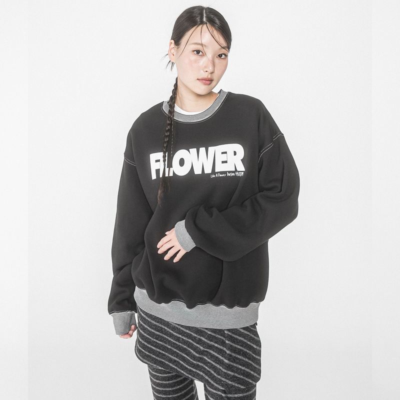 HAVISM（ハヴィズム）の「FLOWER STRIPE RIB SWEATSHIRT(BLACK)（Tops）」