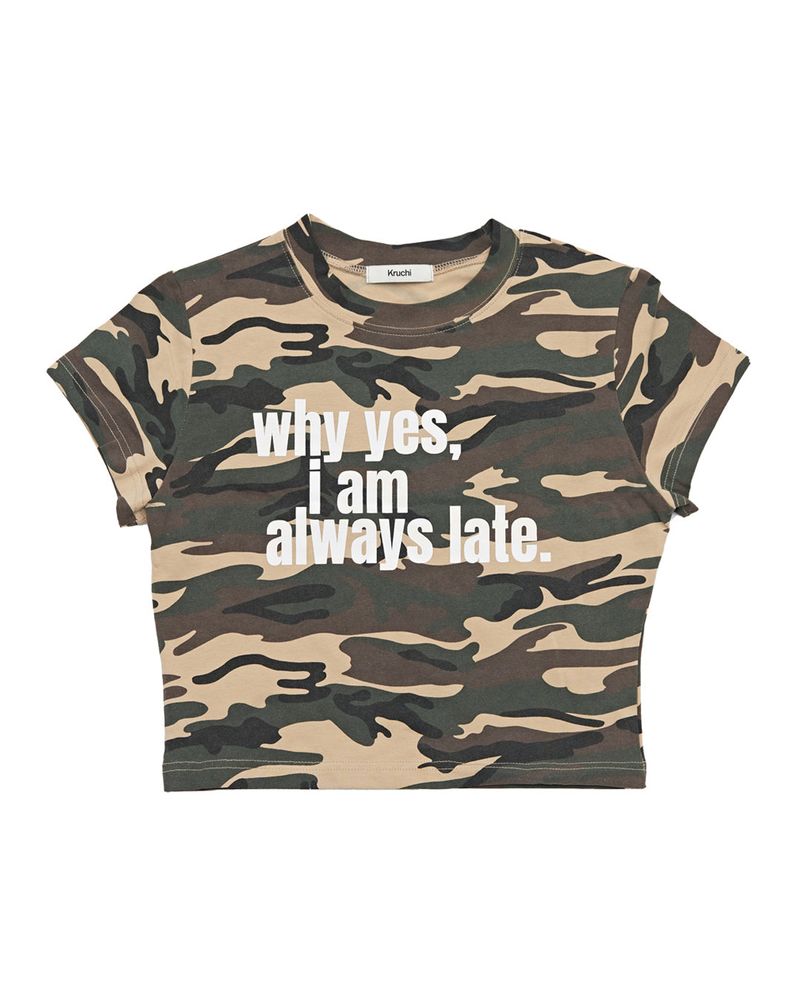 KRUCHI(クルチ)の「Always late Crop T-shirt (CAMO)(Tops)」