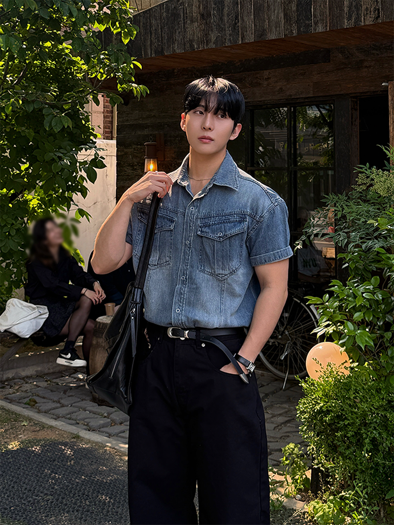 Garment washing muscle denim shirt