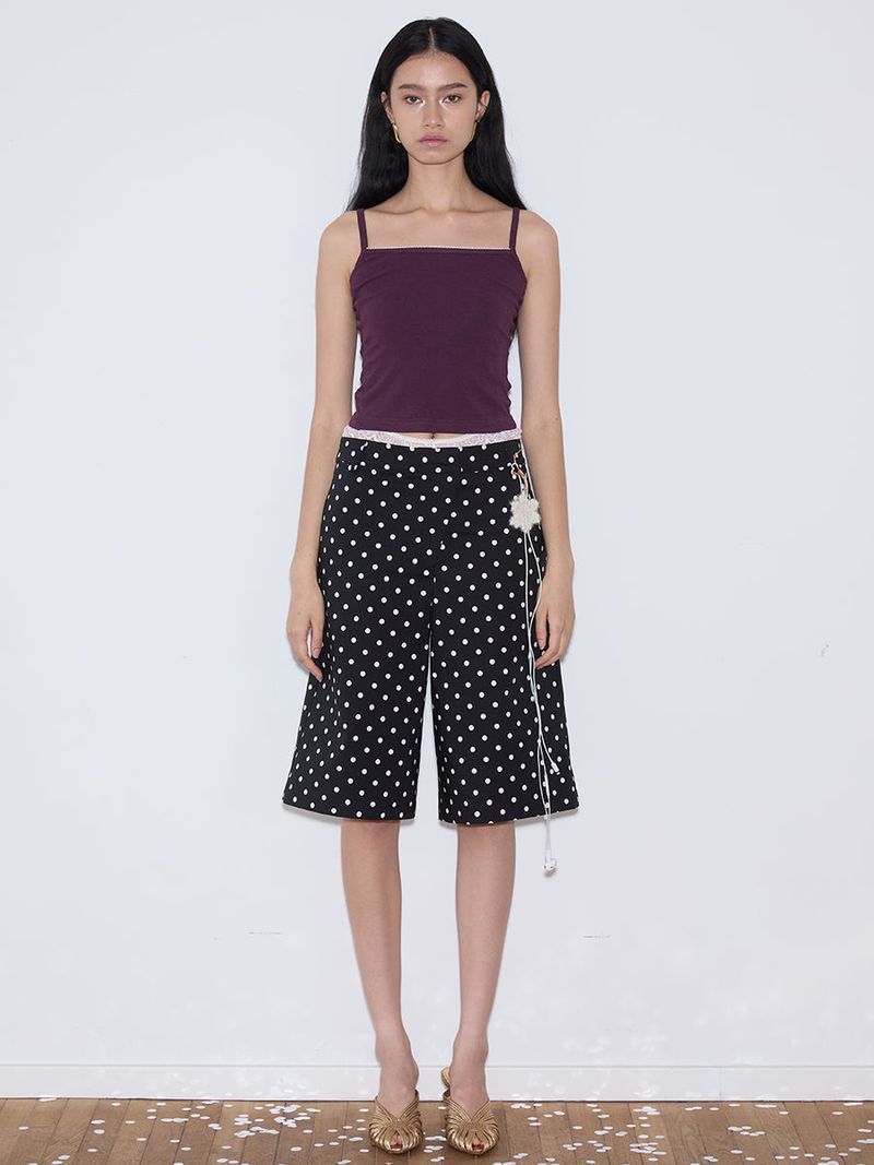 rirri 25 Spring/Summer Collection - カジュアルブラック&ホワイトポルカドットクロップドパンツ (高密度コットン100%)