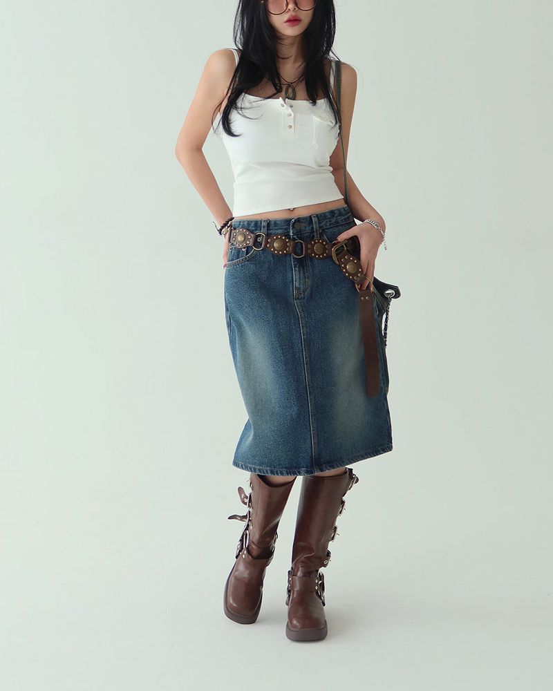 Cami vintage denim midi skirt