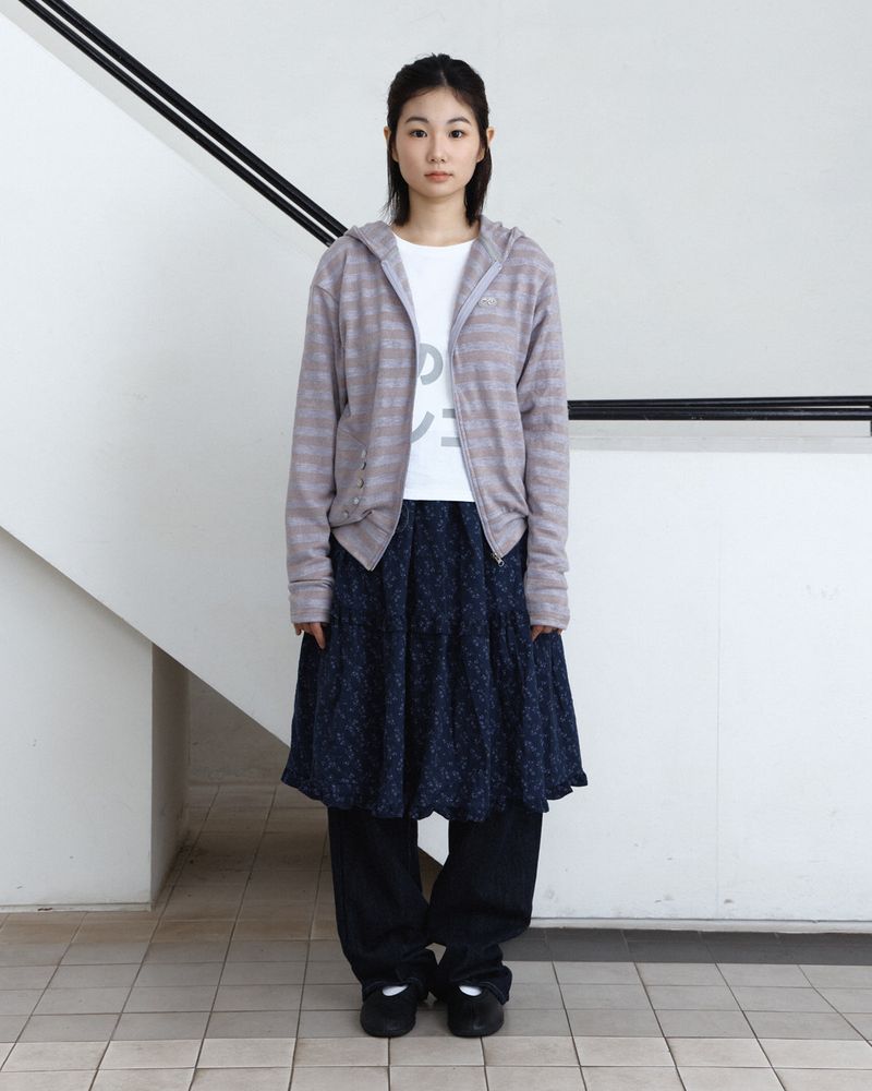 Stripe Button Knit Hooded Zip-Up