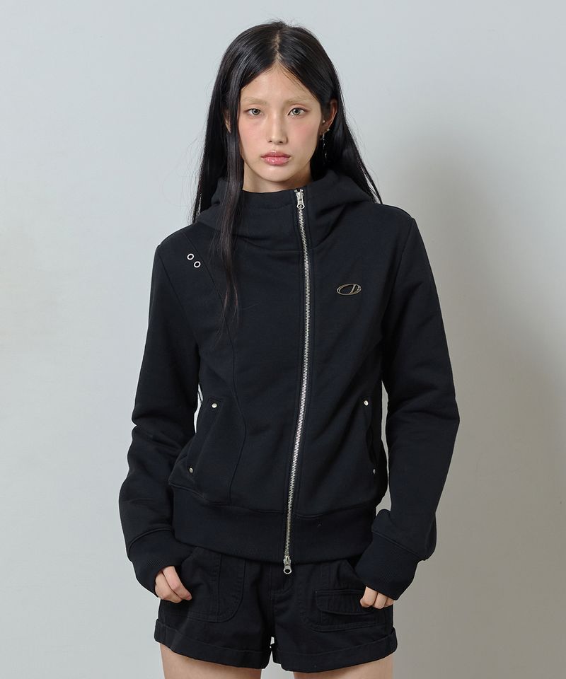 ODDSTUDIO（オッドスタジオ）の「Diagonal Cut Eyelet Hoodie Zip-up - BLACK（Tops）」