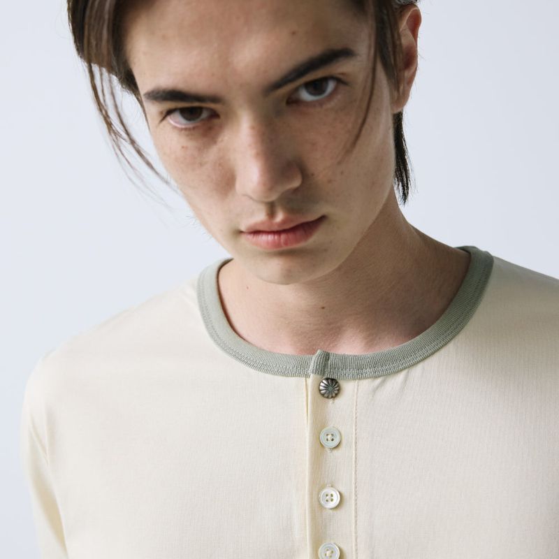 henley neck concho ringer t-shirt cream