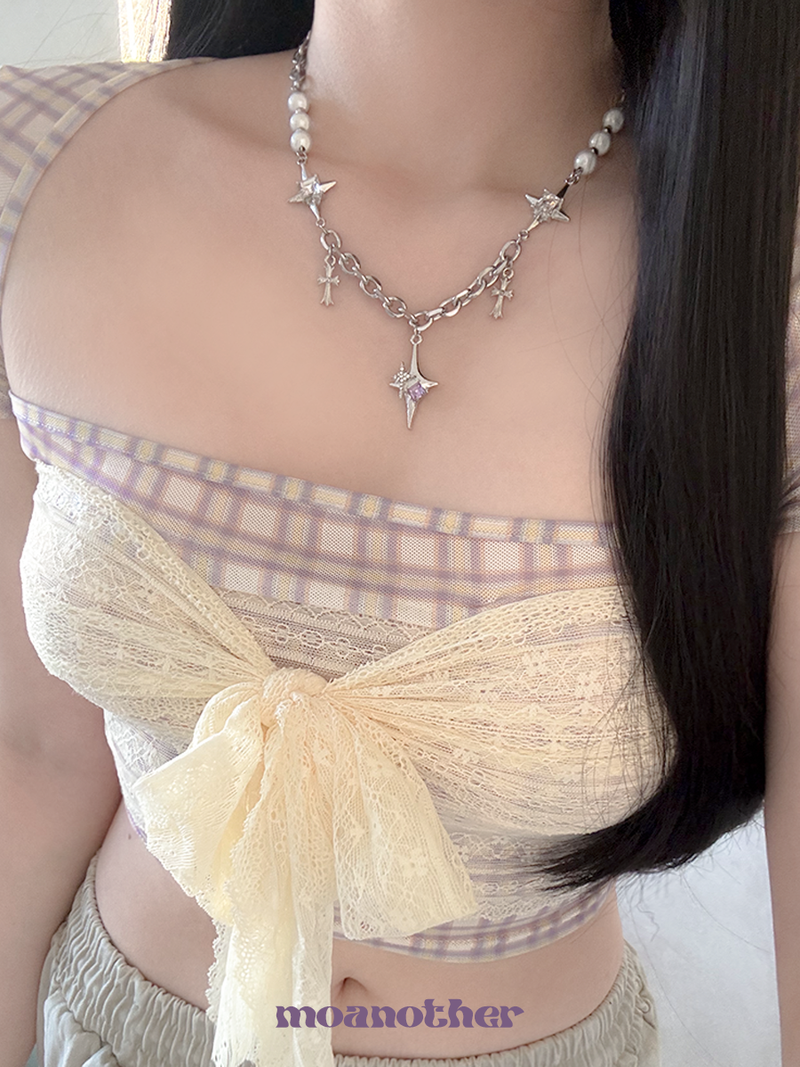 [Surgical Steel] パールクロスキュービックネックレス