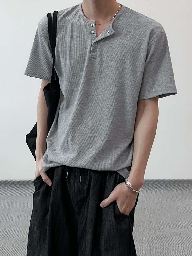 ワッフルヘンリーネックハーフTシャツ
