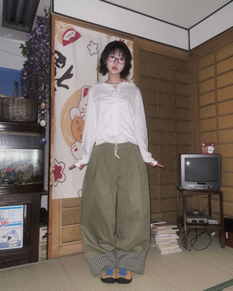 (3color) Check Roll-Up Wide Pintuck Pants