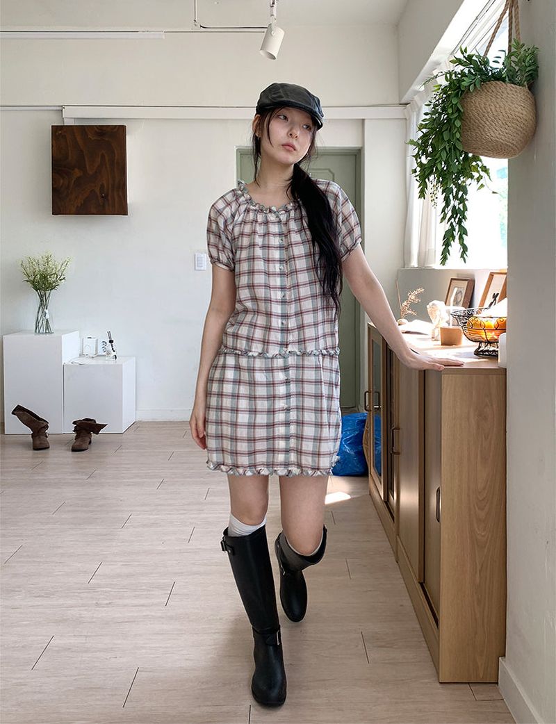 SAGE CHECK FRILL DRESS (2C)
