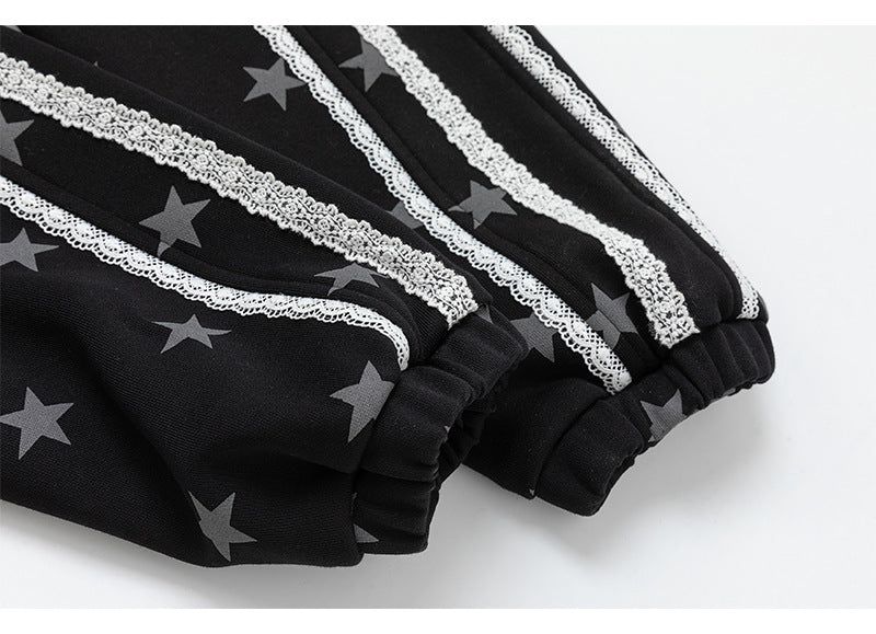 Kitsch Star Print Lace Trim Oversized Zip-Up Top