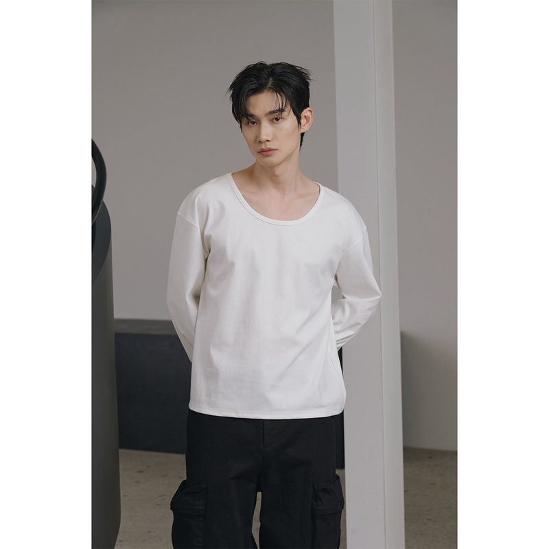 Brushed crop u neck long sleeves(White)