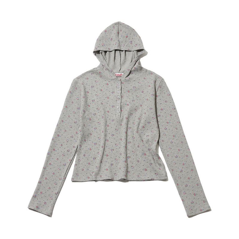 FLOWER WAFFLE BUTTON HOODIE - GRAY