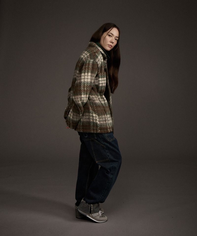 W COZY HAIRY CHECK JACKET KHAKI