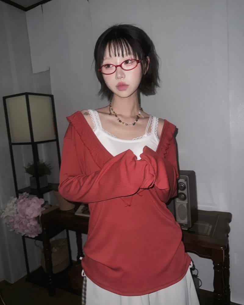(3color) Ruffle Deep V-neck Slim Long Sleeve Tee