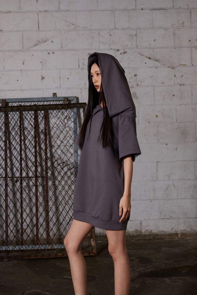 2Way Big Hood Off-Shoulder Mini Dress - Charcoal