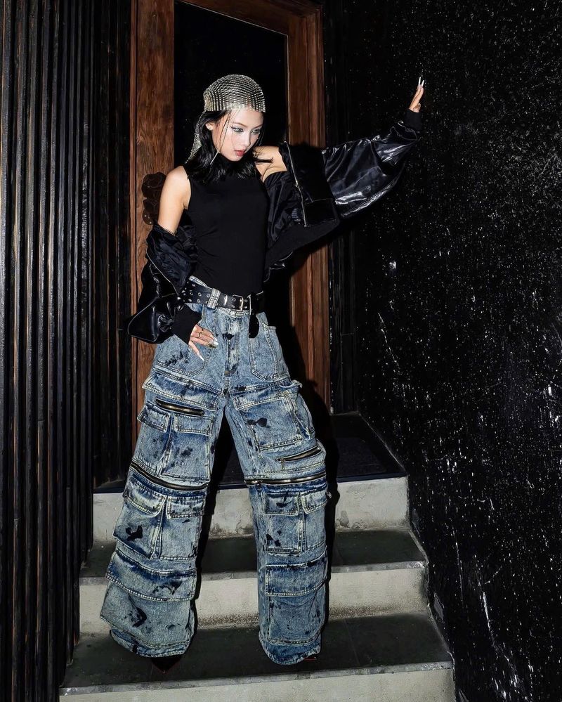 WASH-DENIM CARGO PANTS MULTI POCKET (Blue)