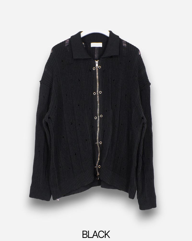 Eyelet Zip-up Knit Cardigan