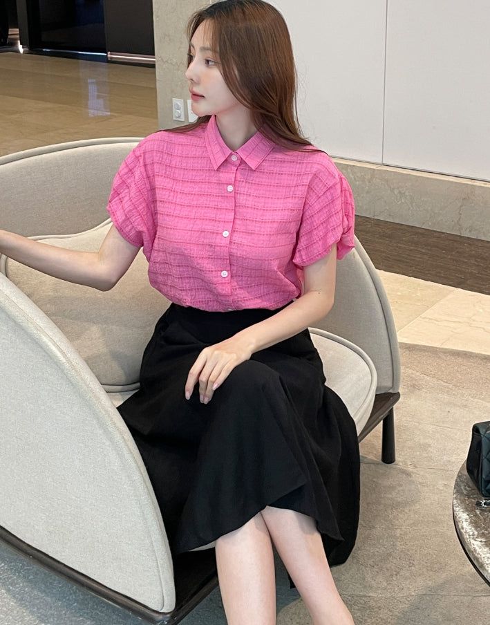Kusha Collar Balloon Sleeves Seersucker Blouse