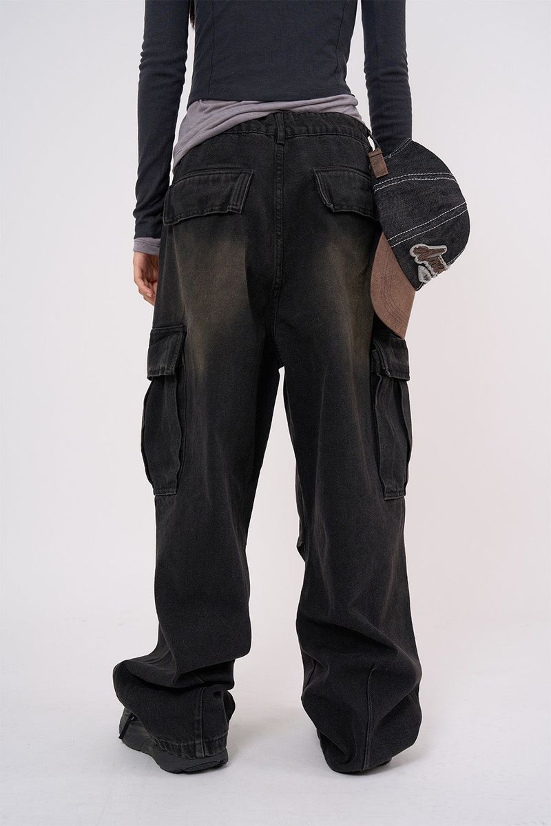 Dark cloud wide cargo denim pants