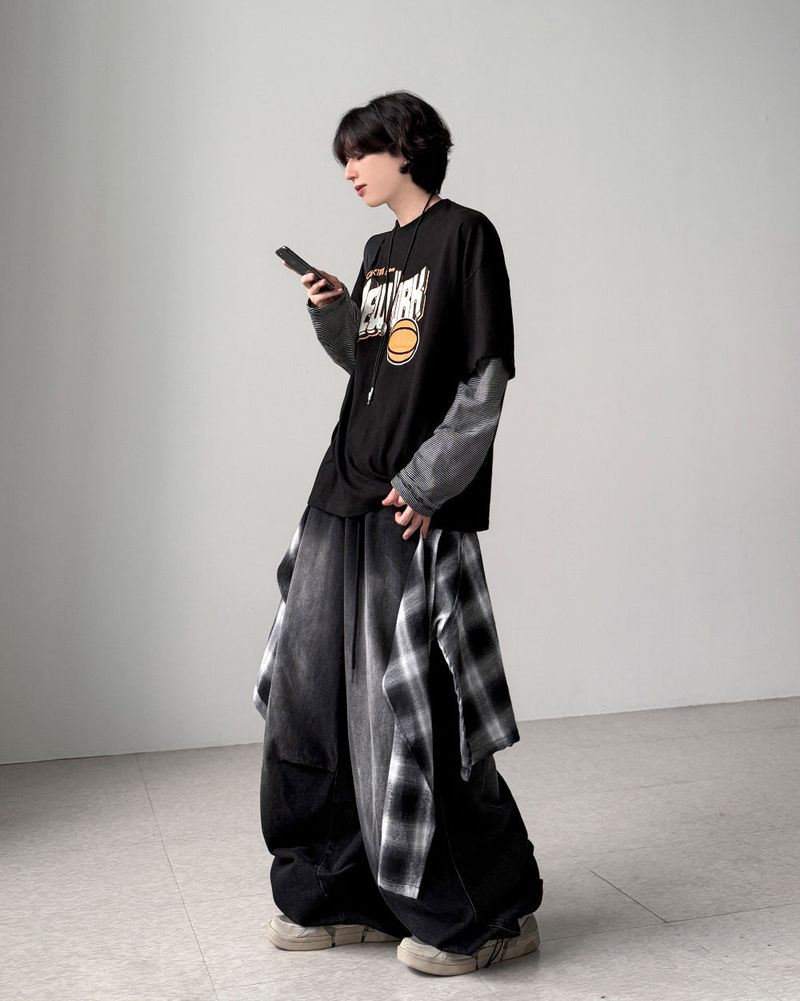 Check Skirt Layered Denim