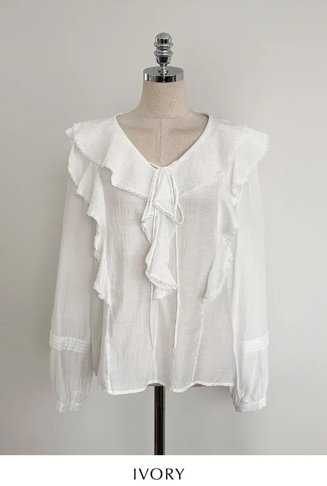 Shushu V-Neck Lace Ruffle Blouse