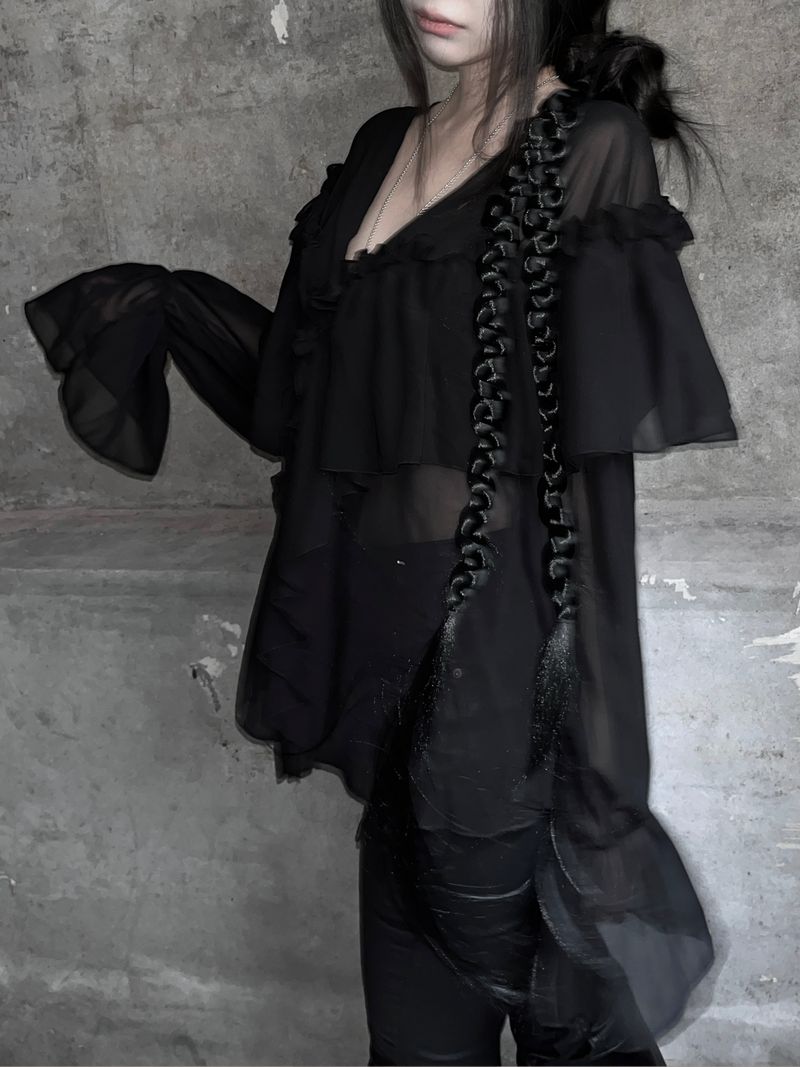 chiffon ruffle v-neck sheer blouse (2color)