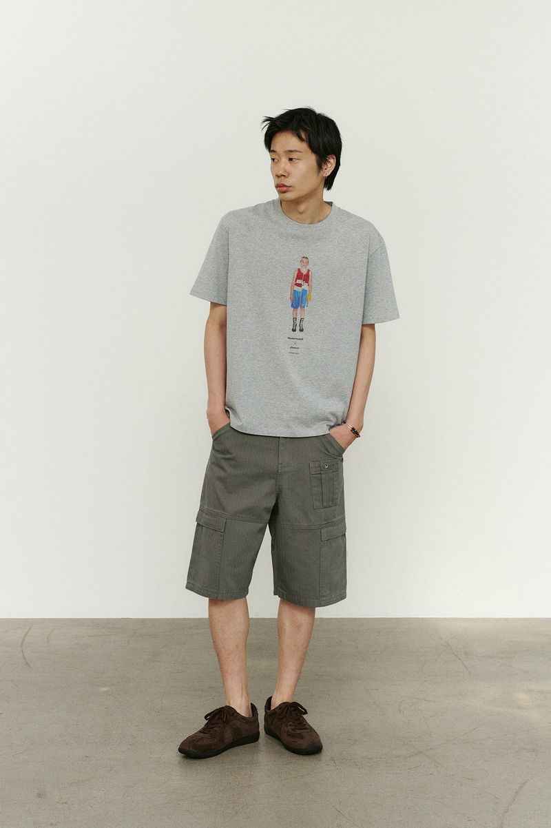Paneled Cargo Pockets Herringbone Twill Shorts (Washed Khaki)