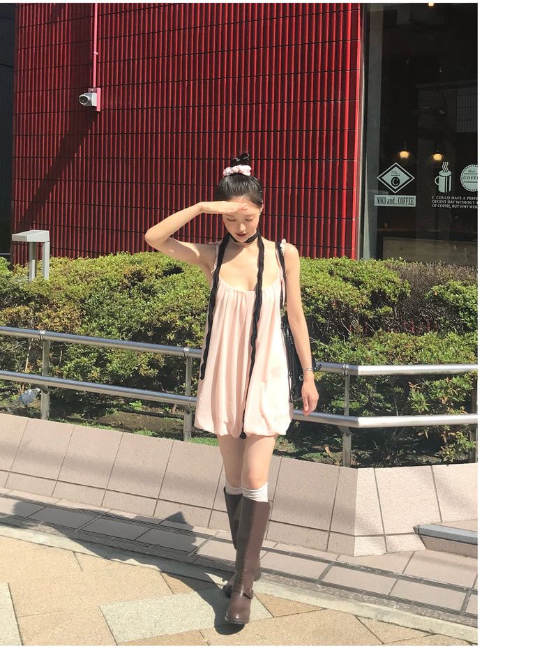 Peach Hug Ribbon Slip Pumkin Sleeveless Mini Dress