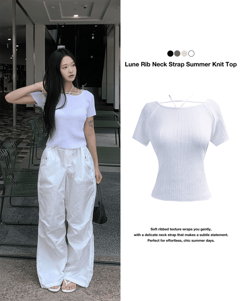 GUSTA（グスタ）の「Lune Rib Neck Strap Summer Golji Short Sleeve Knit Top (4 Colors)（Tops）」