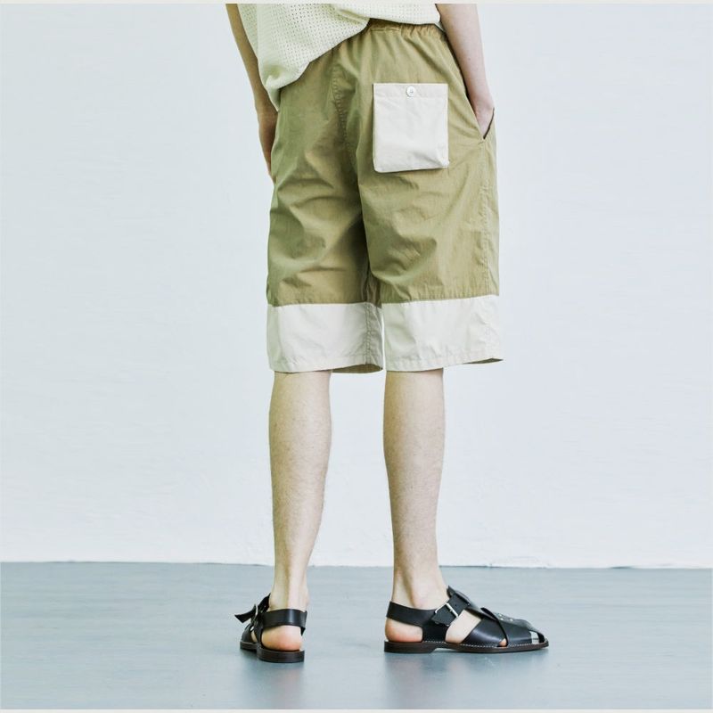 color block banding half nylon pants beige