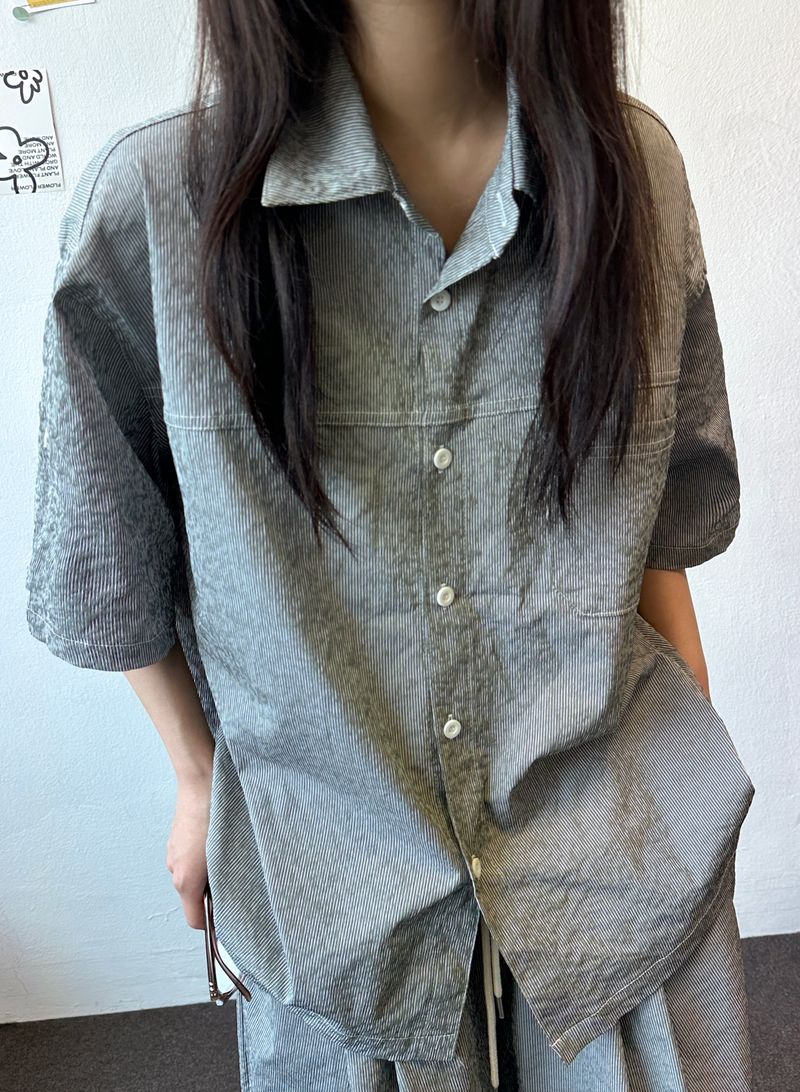 Logi Striped Linen Balloon Short Sleeve Shirt 2color