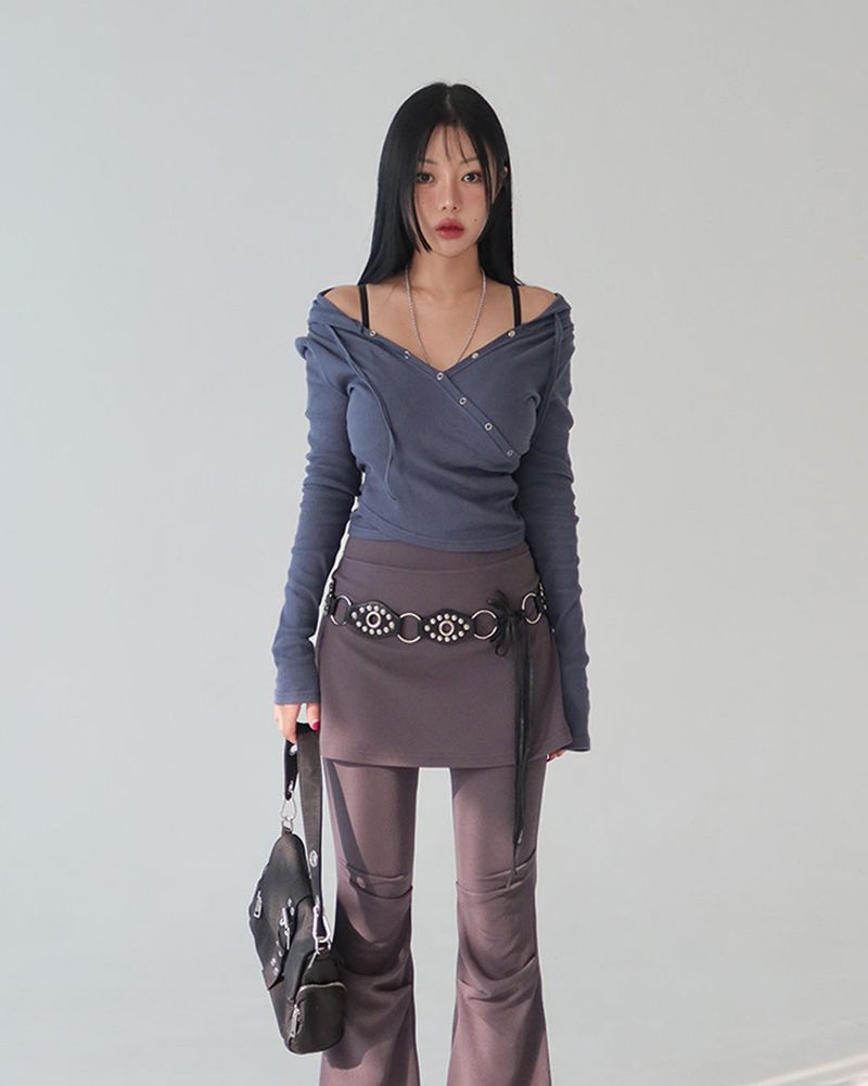 Hood Diagonal Snap Button Wrap T-Shirt