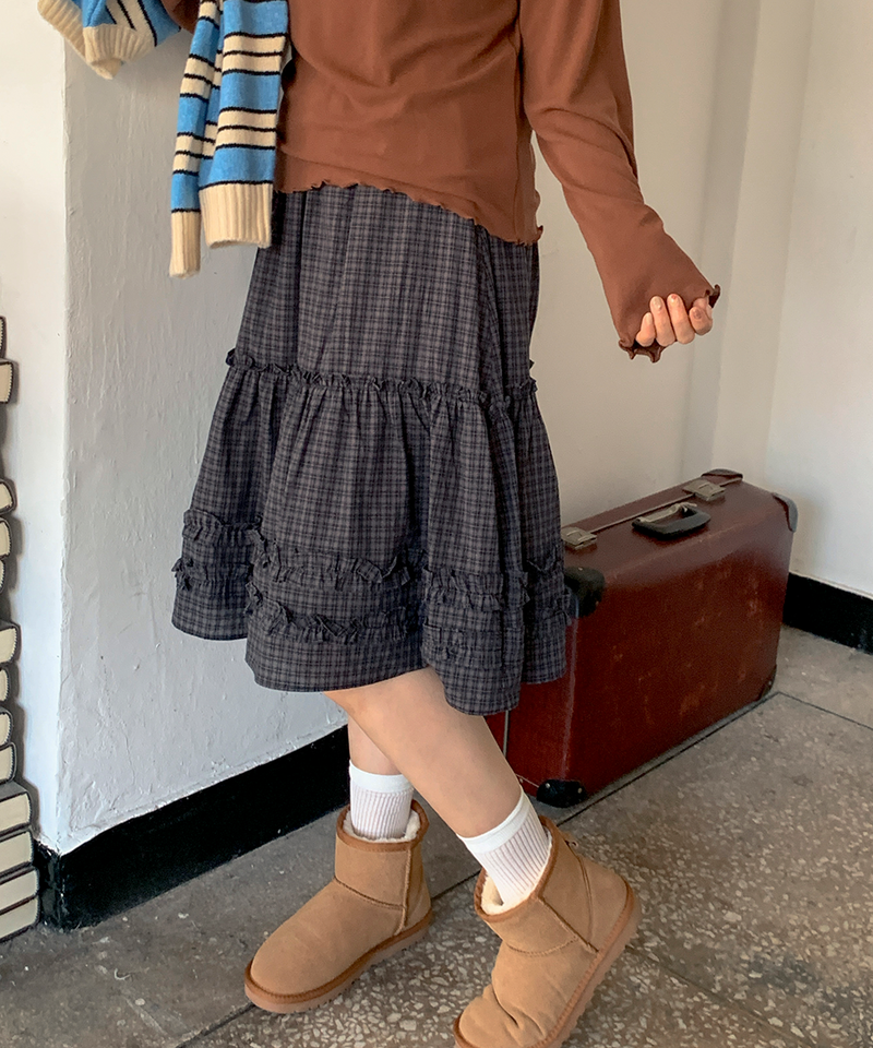 Luen midi checkered skirt Fall layered frill soft fit