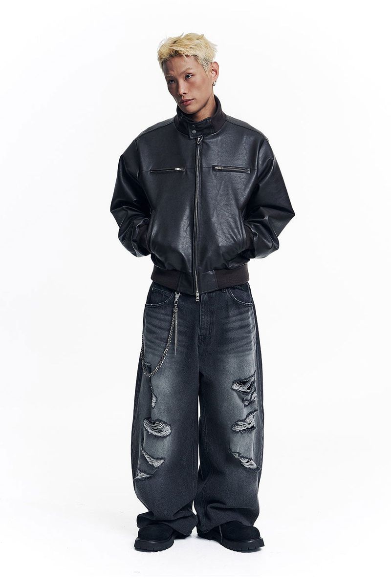High Neck Leather Crop Jacket - Brown