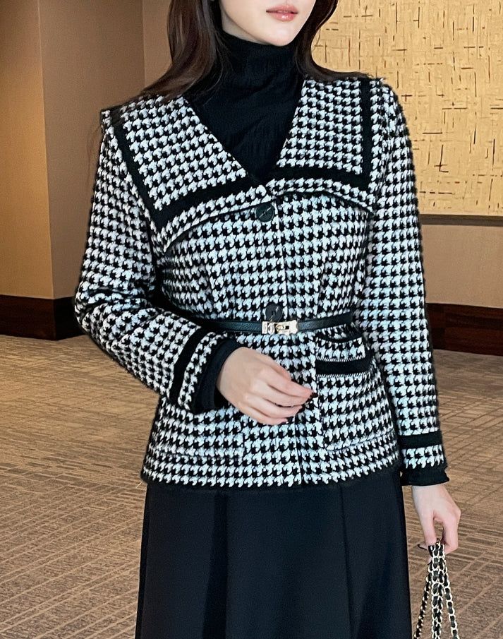Marron Sailor Collar Hound Check Knit Jacket Cardigan