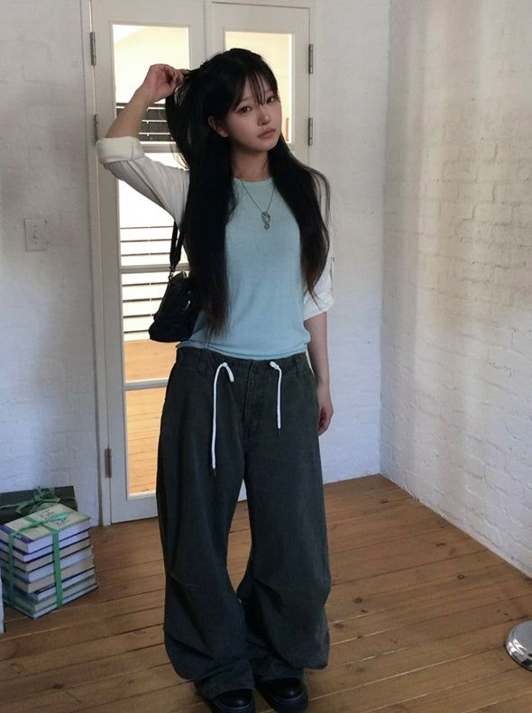Nako String Pintuck Pocket Washing Wide Pants